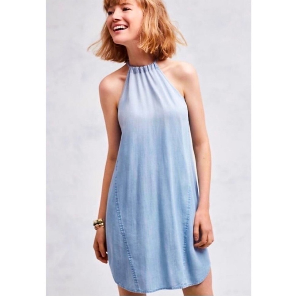 Anthropologie Cloth & Stone High Tide Halter Back Chambray Ombré Dress EUC Sz S